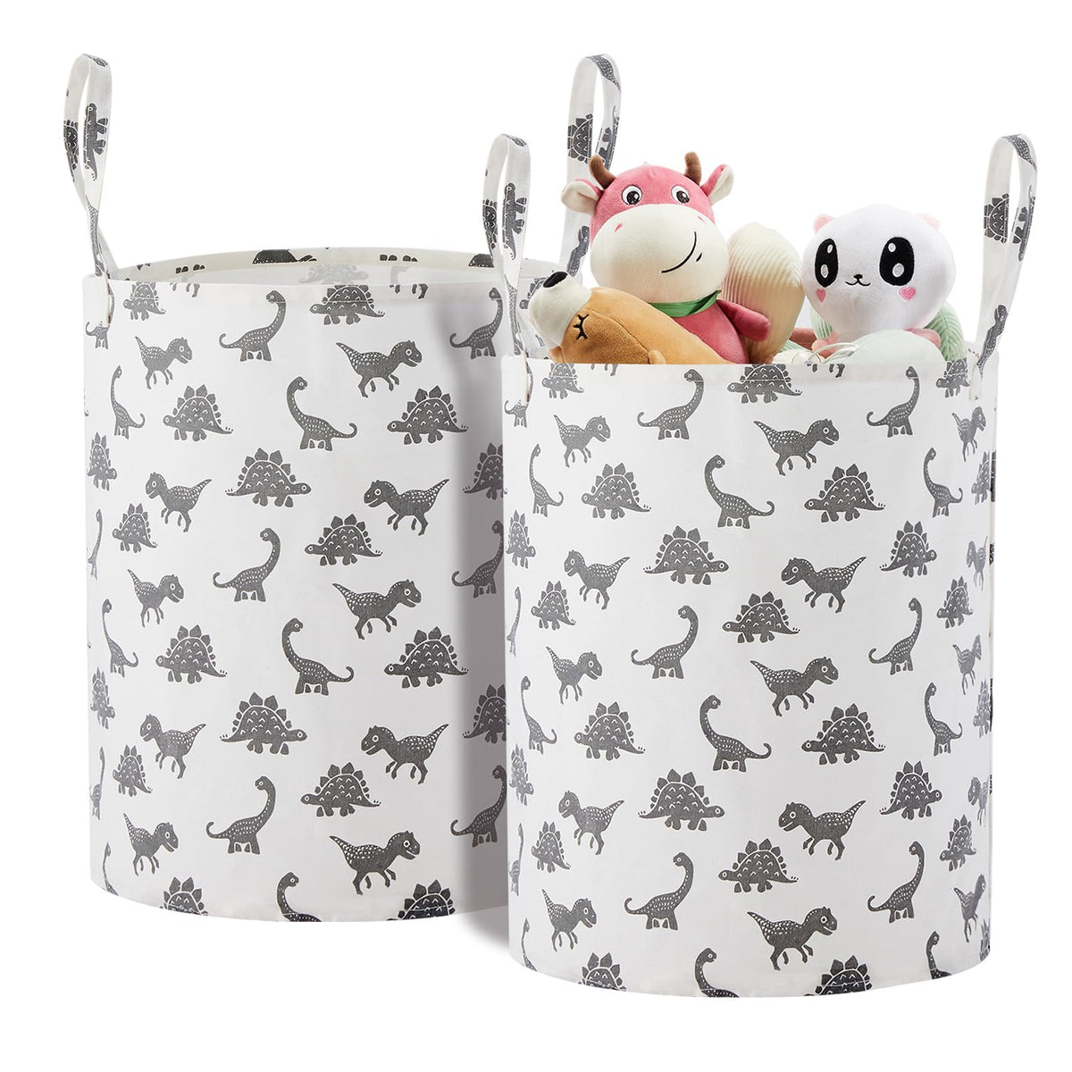 TECHMILLY large storage basket grey dinosaur front view showing two-pack storage for toys and clothes