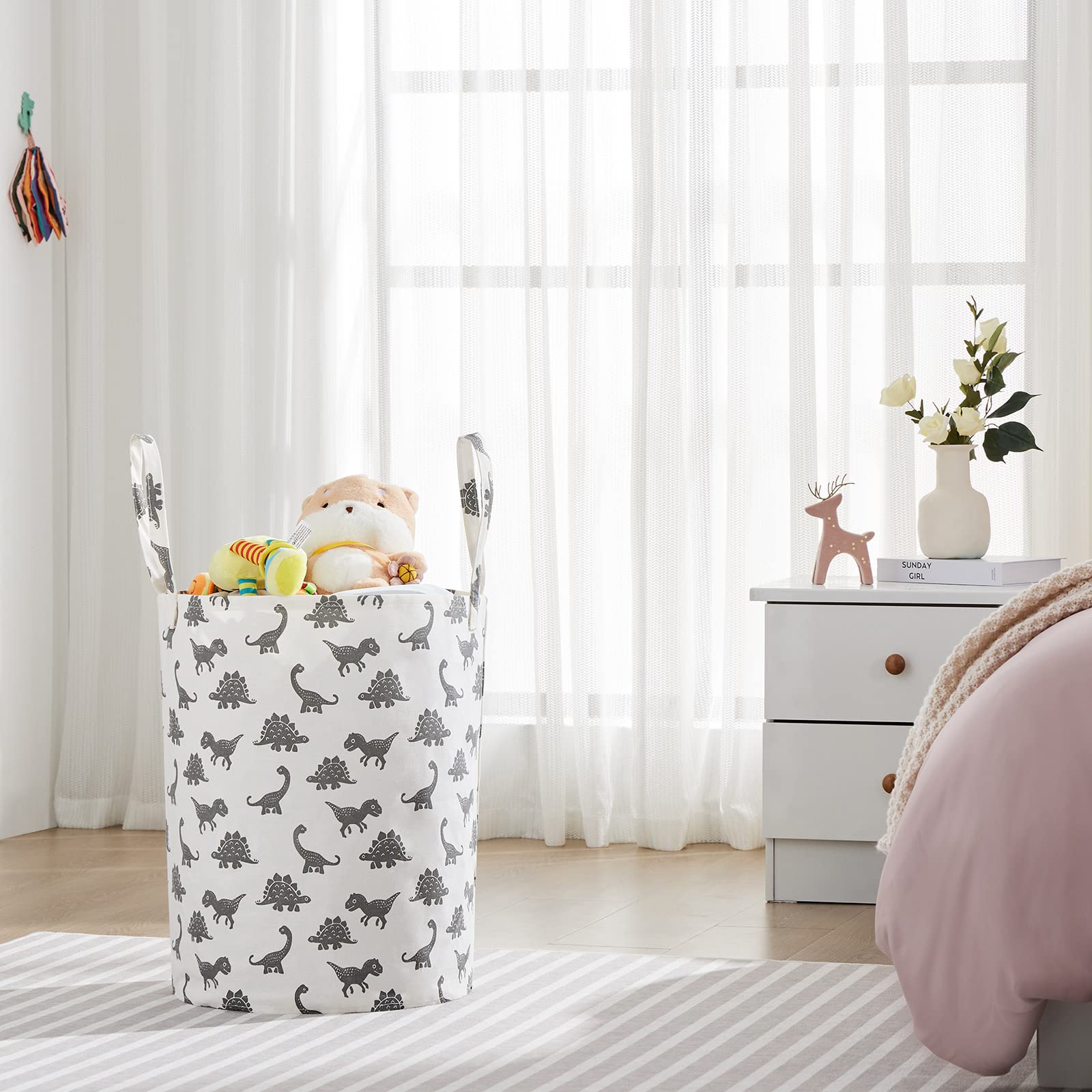 TECHMILLY large storage basket grey dinosaur side view highlighting long handles for easy carrying