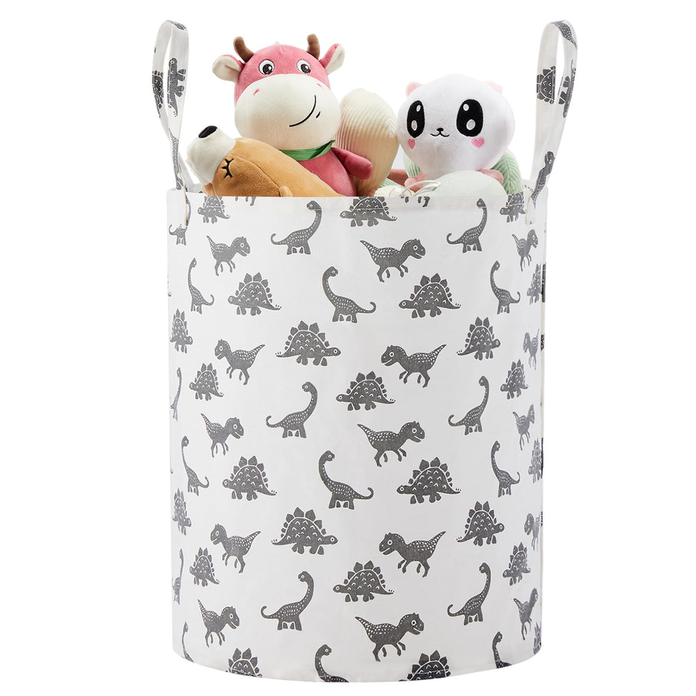 TechMILLY large storage basket grey dinosaur open compartment for quick toy organization.