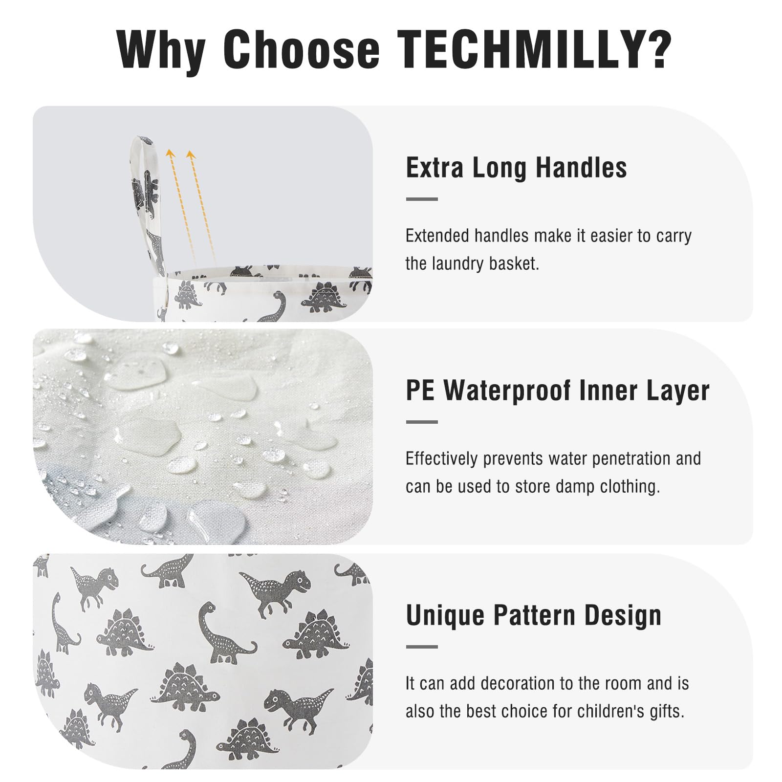 TechMILLY nursery storage bin grey dinosaur shows full capacity for diapers and wipes.