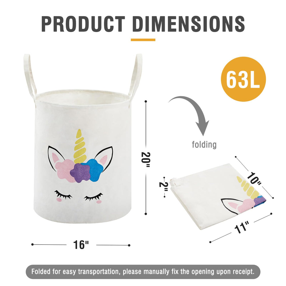 TECHMILLY large storage basket toy-bin image conveys cheerful unicorn design for kids rooms.