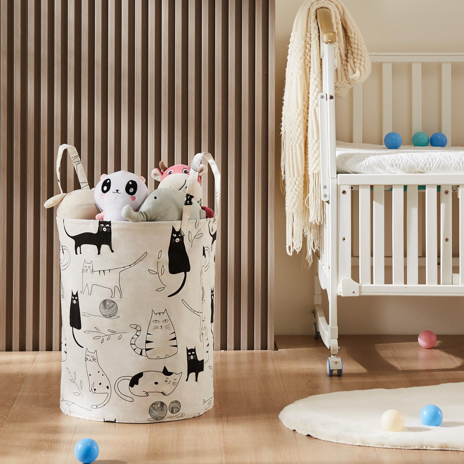 TECHMILLY toy storage basket keeps nursery toys organized and reachable.