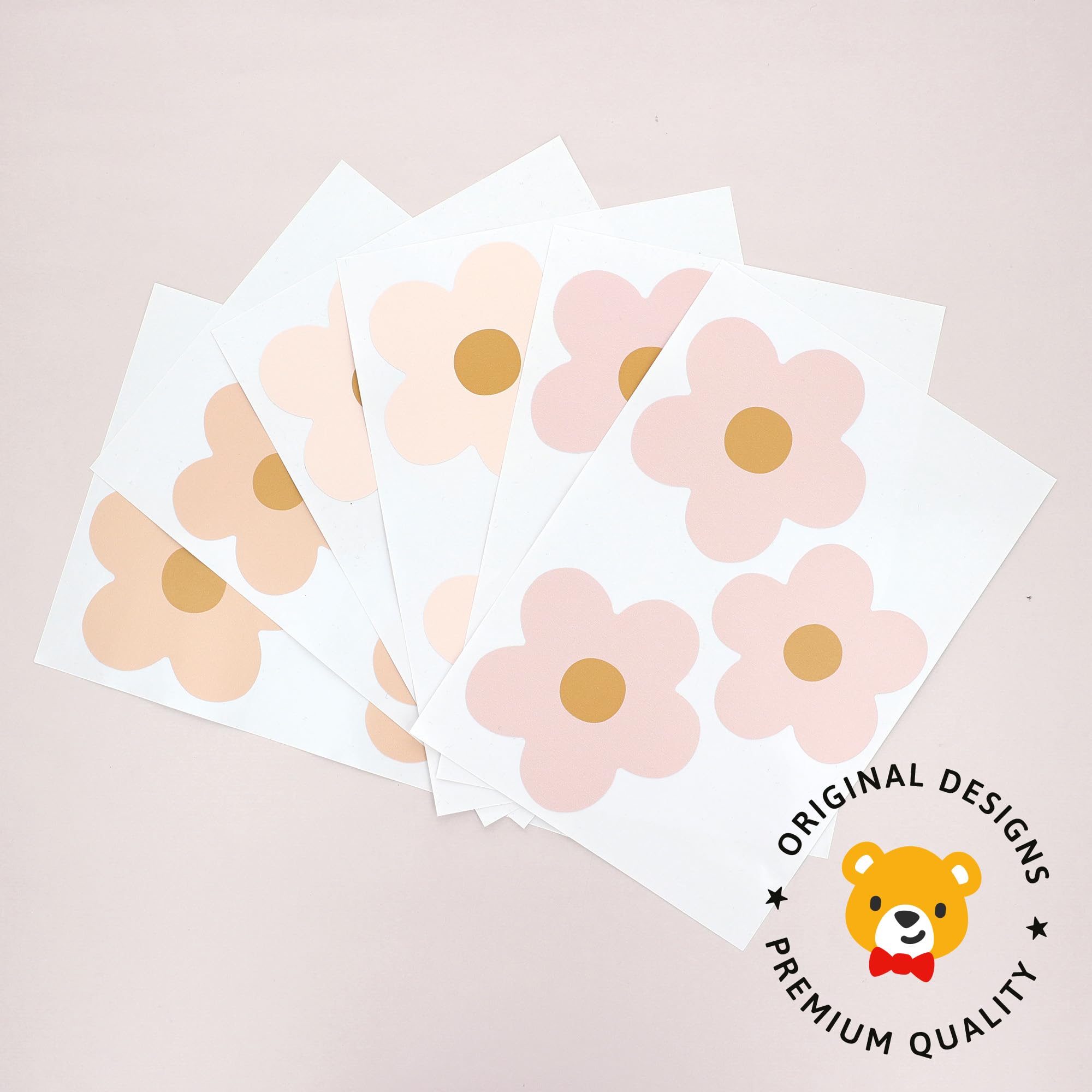 Teddylabels daisy blush pink wall decal packaging image shows reusable vinyl that won't damage walls.