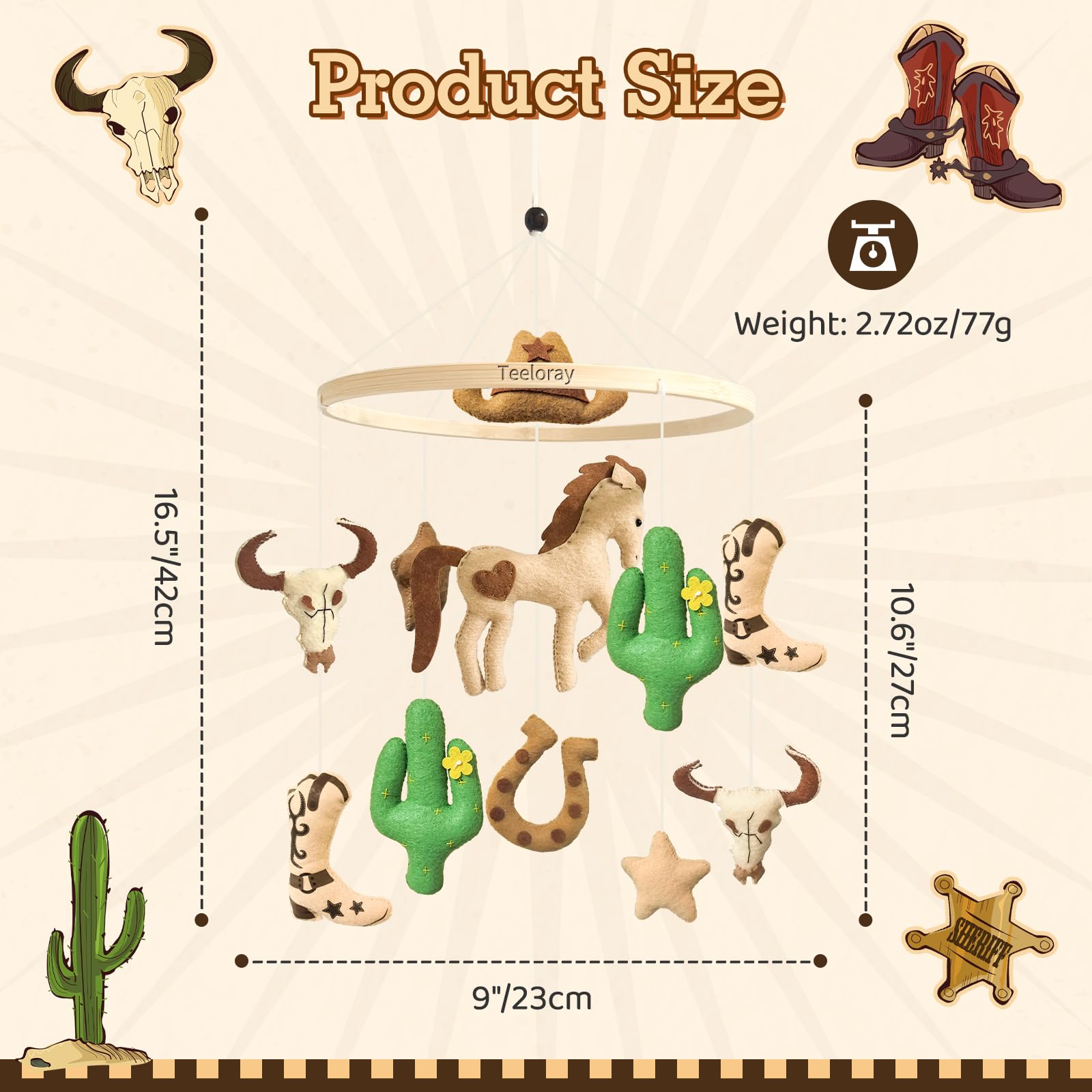 Teeloray baby mobile cowboy boots figures: charming decor that complements a gender-neutral nursery.