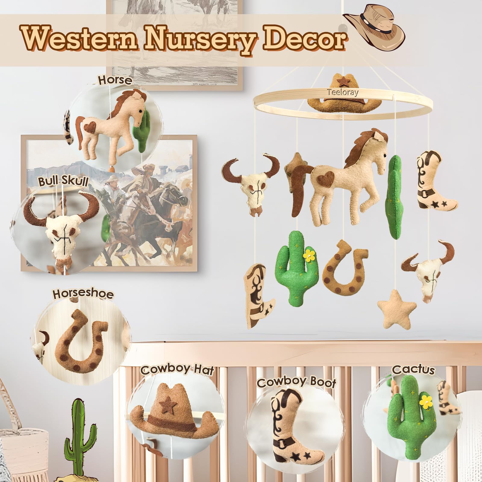 Teeloray baby mobile horseshoe star cacti: textured elements invite gentle visual exploration.