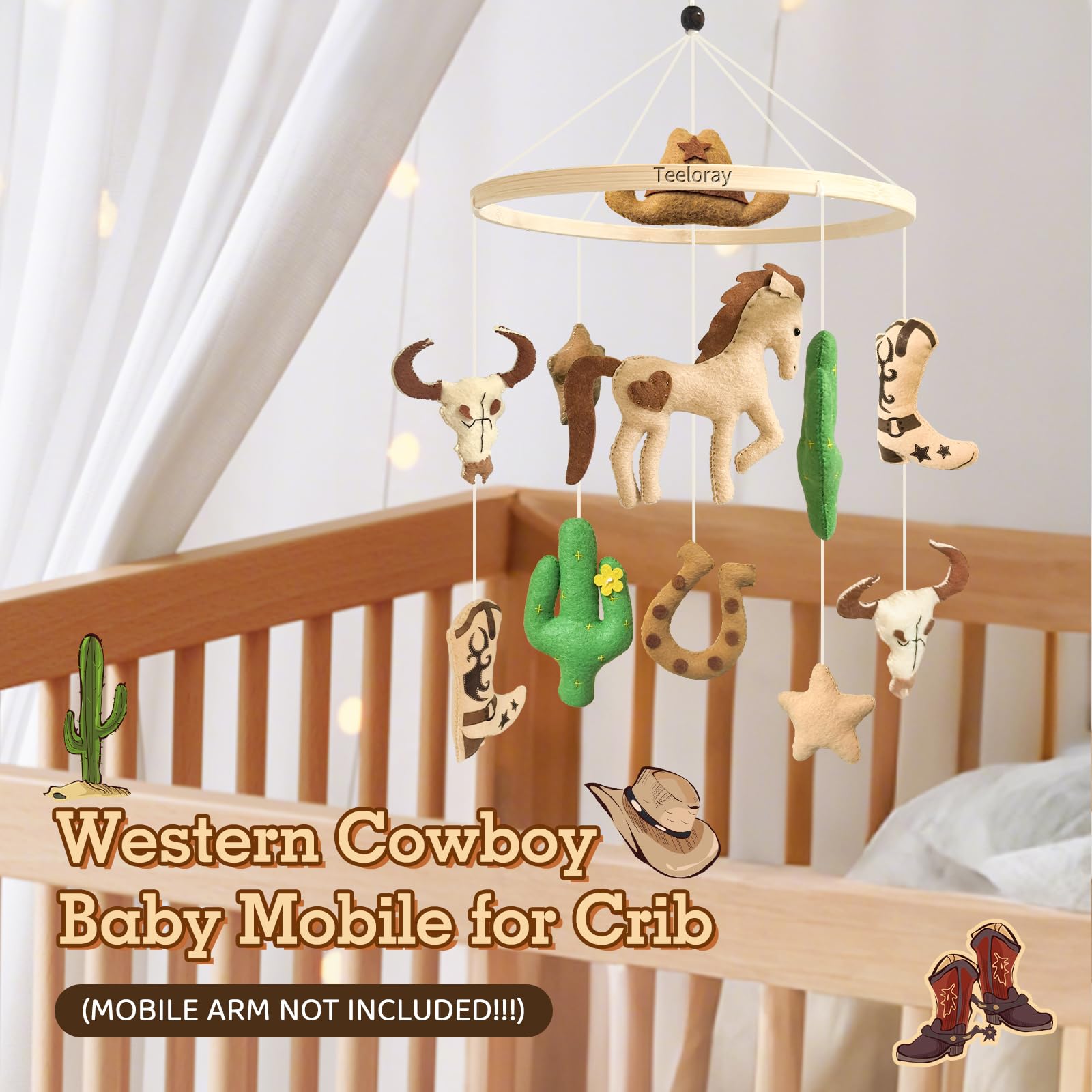 Teeloray baby mobile textured leather accents: tactile details enhance sensory interest above the crib.