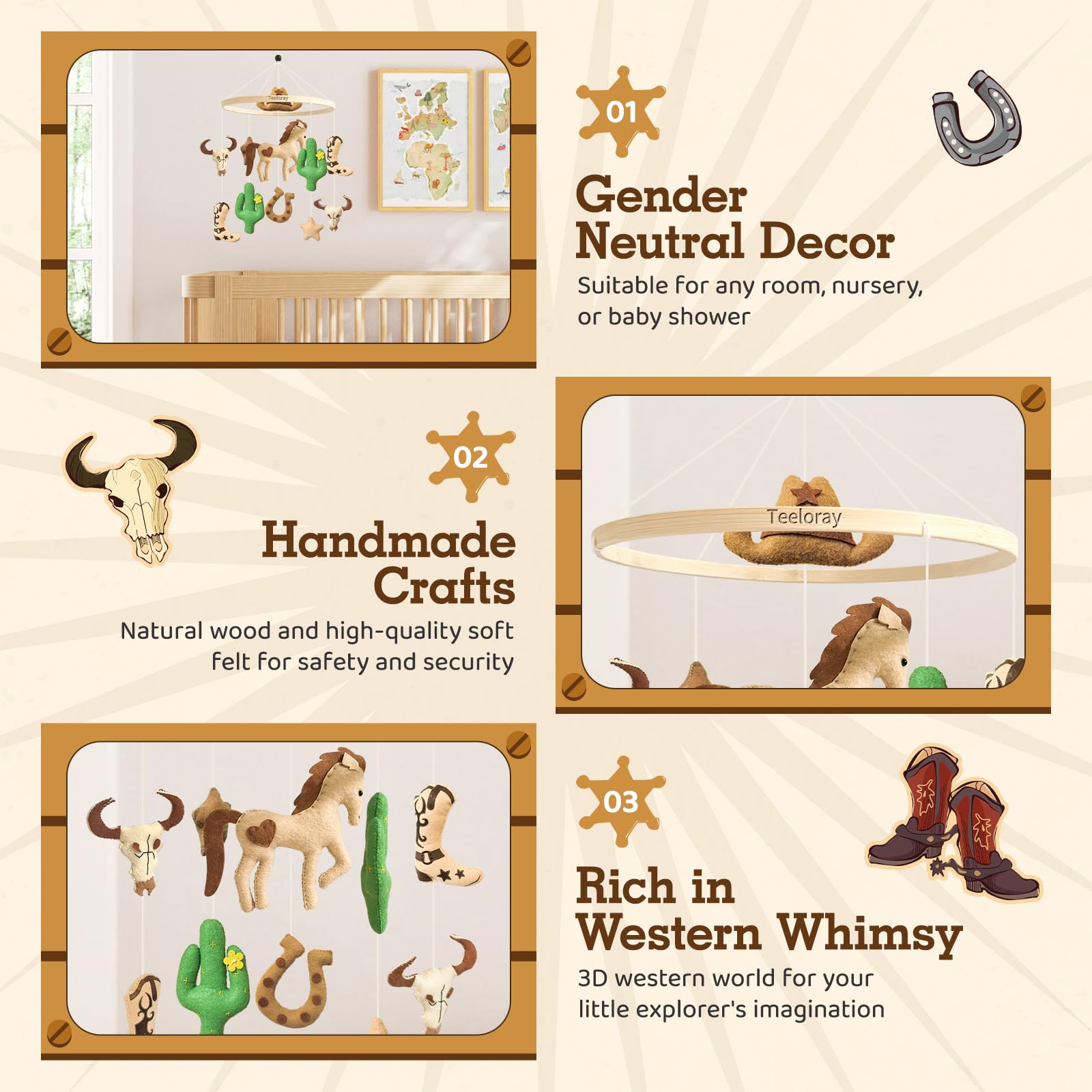 Teeloray baby mobile wood top ring: authentic western centerpiece and durable design.