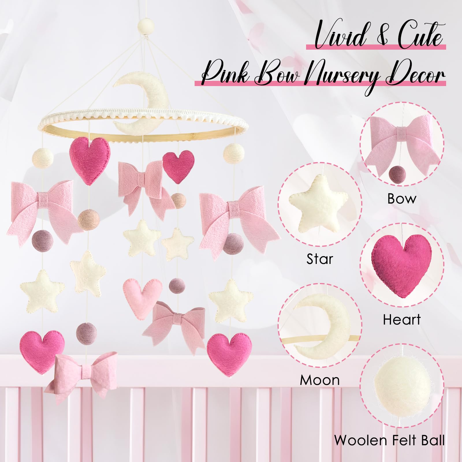 Teeloray bows-stars-moons felt-balls mobile offers colorful shapes for visual play.