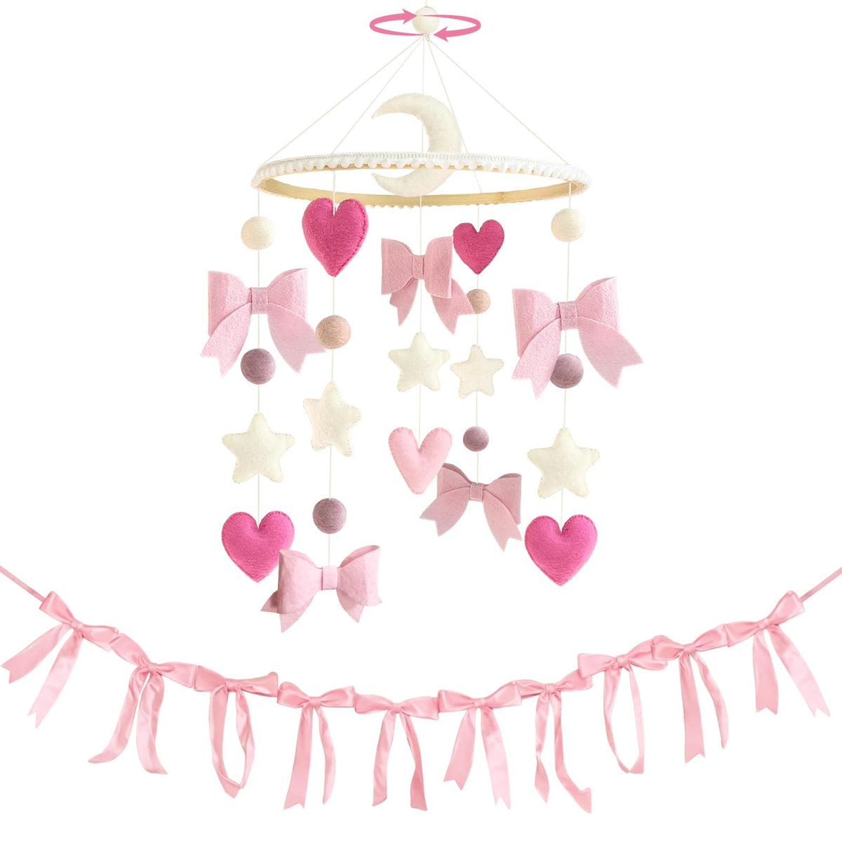 Teeloray pink bow mobile for crib enhances visual focus with soft colors