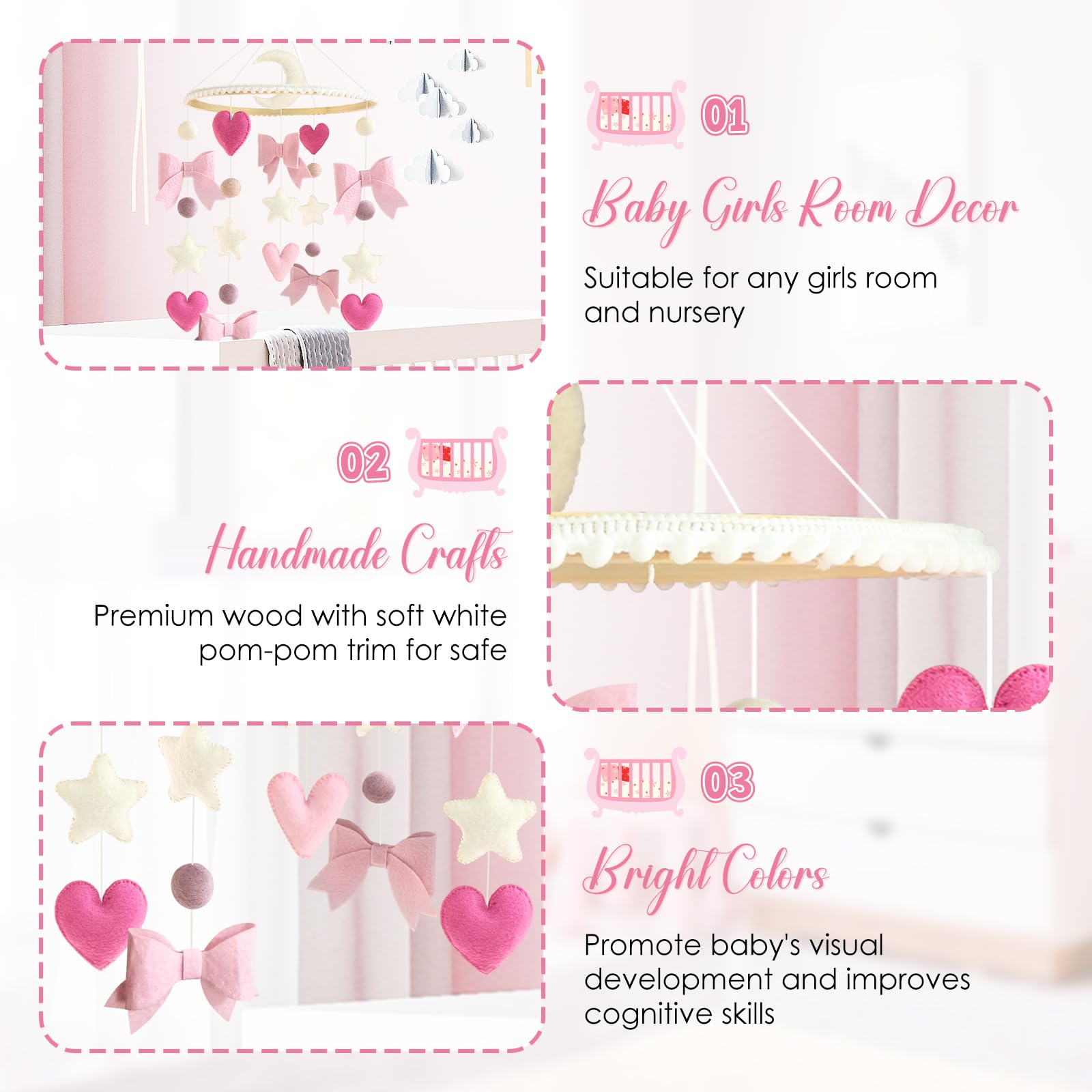 Teeloray pink baby mobile is a thoughtful baby shower or gender reveal gift.