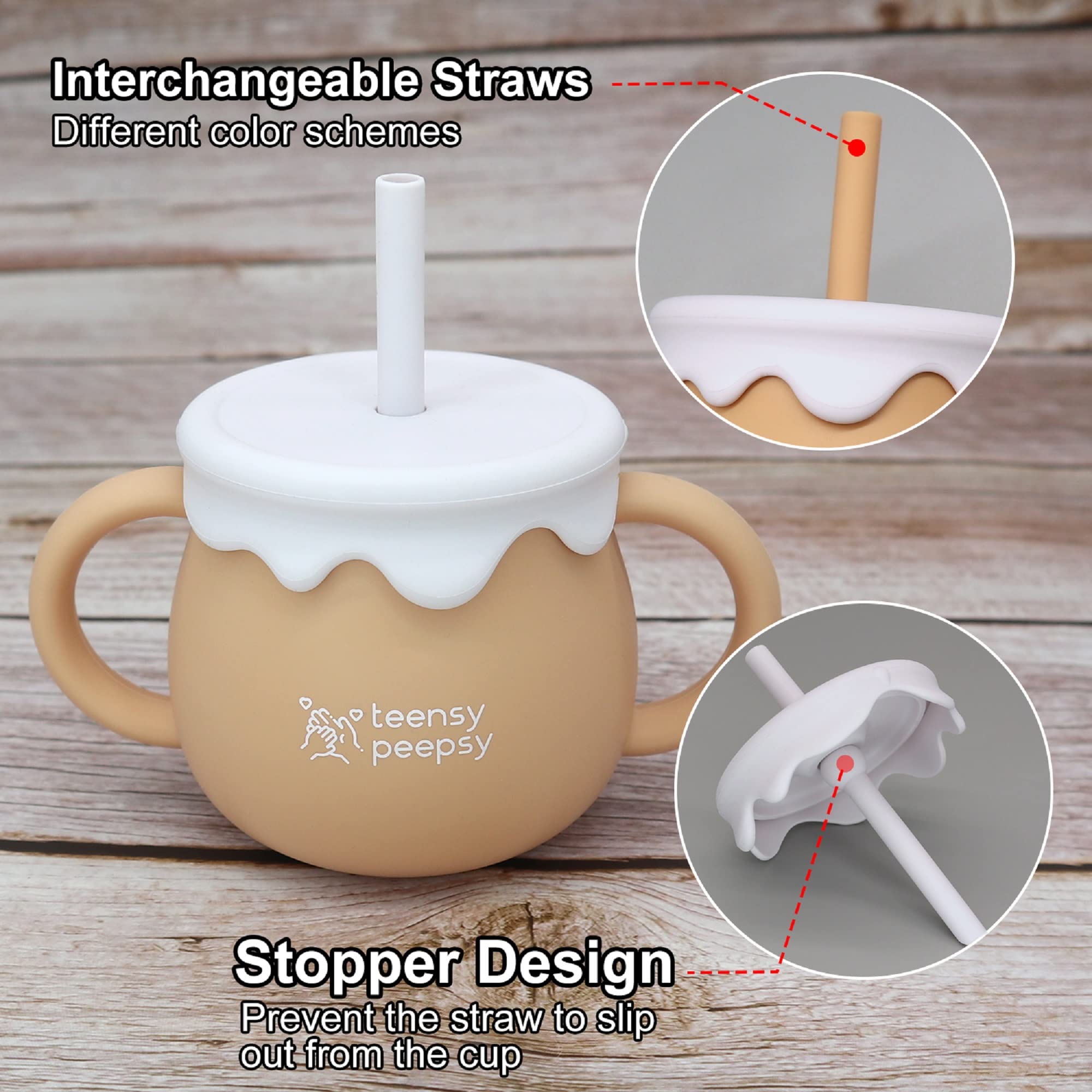 3-in-1 Teensy Peepsy cup transitions from straw to open cup to snack cup.
