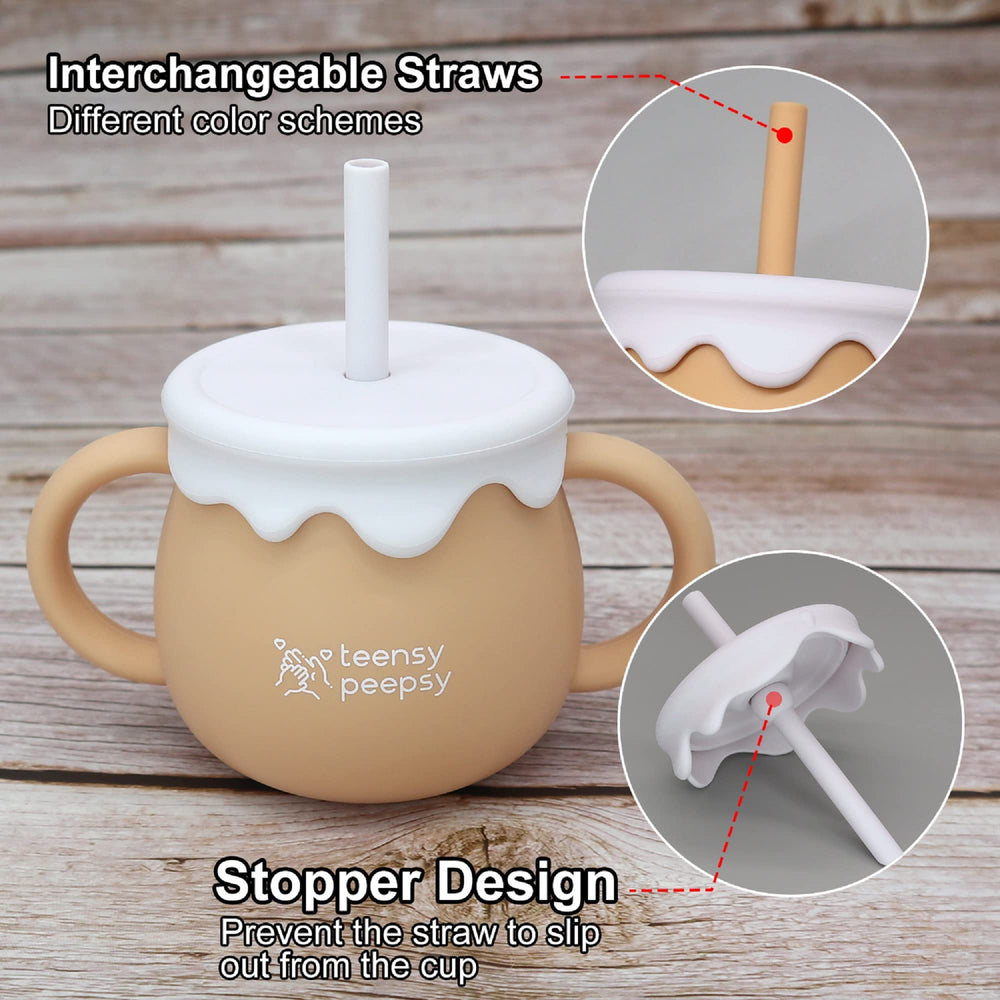 3-in-1 Teensy Peepsy cup transitions from straw to open cup to snack cup.