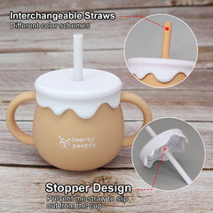 3-in-1 Teensy Peepsy cup transitions from straw to open cup to snack cup.