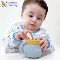 teensy peepsy honey jar pot straw demonstrates safe silicone straw for gentle gum comfort