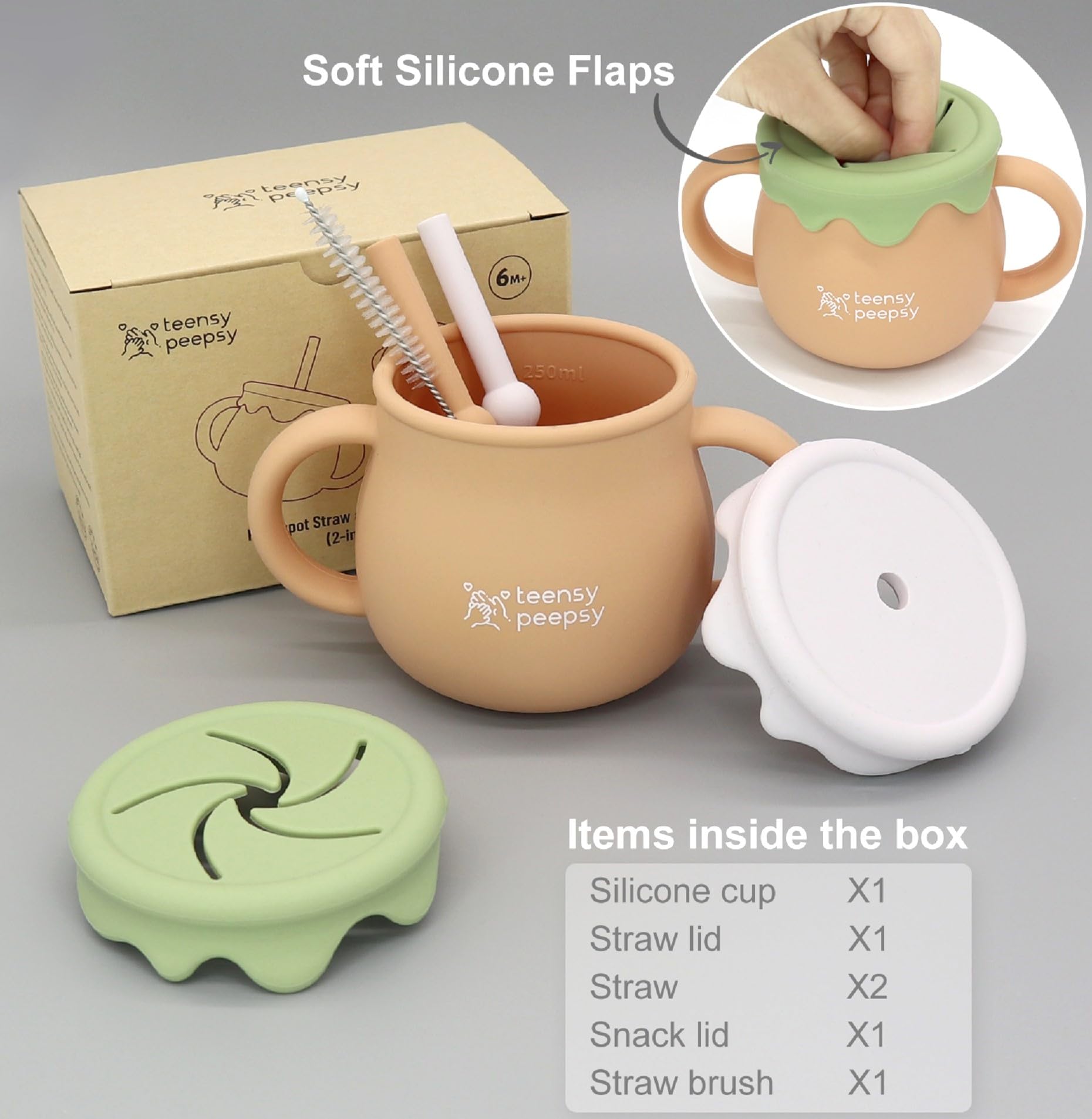 Teensy Peepsy spill-proof straw design keeps mess minimal.