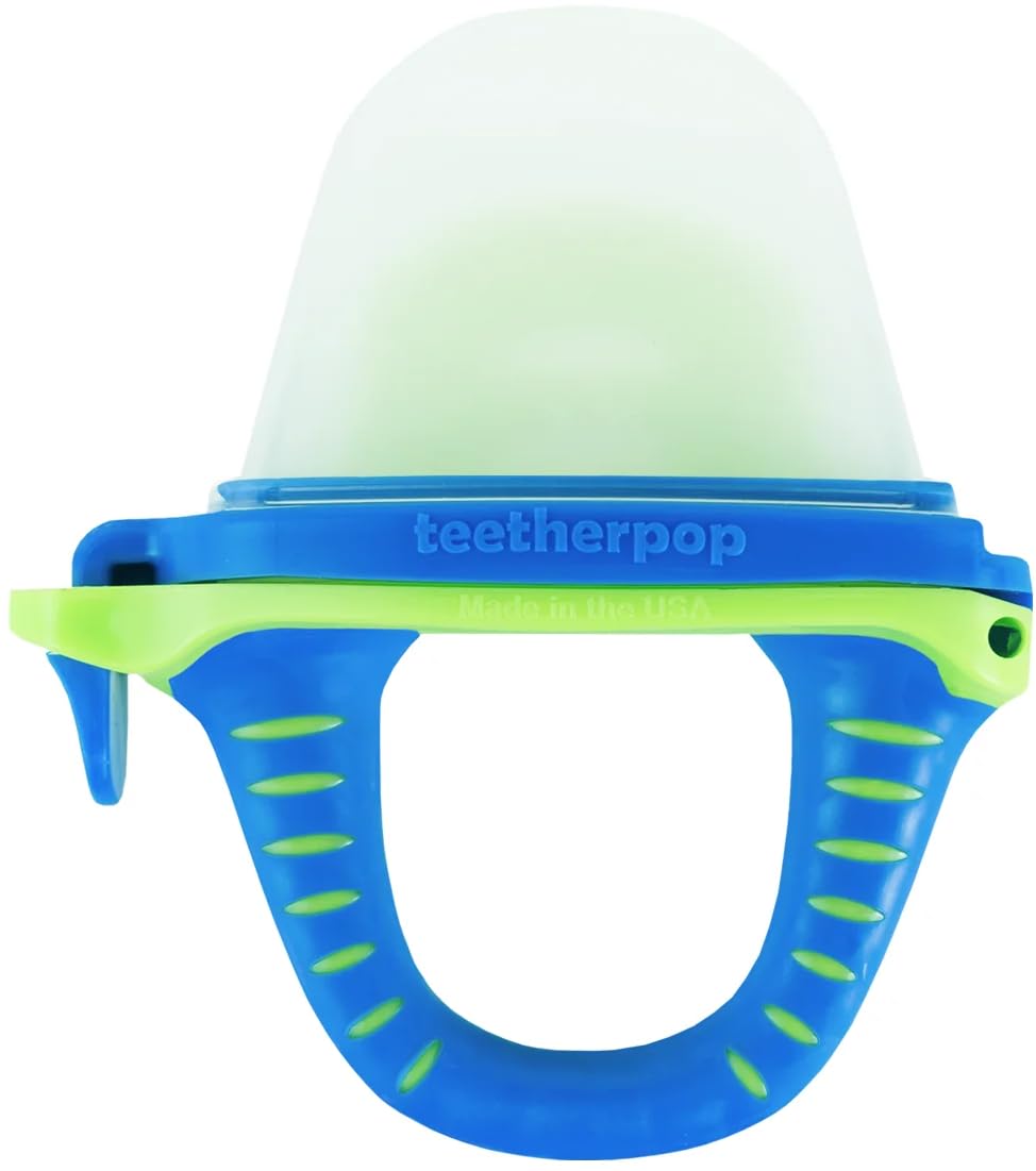 Teetherpop fillable silicone teether blue-lime closeup shows mess-free teething relief.