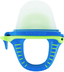 Teetherpop fillable silicone teether blue-lime closeup shows mess-free teething relief.
