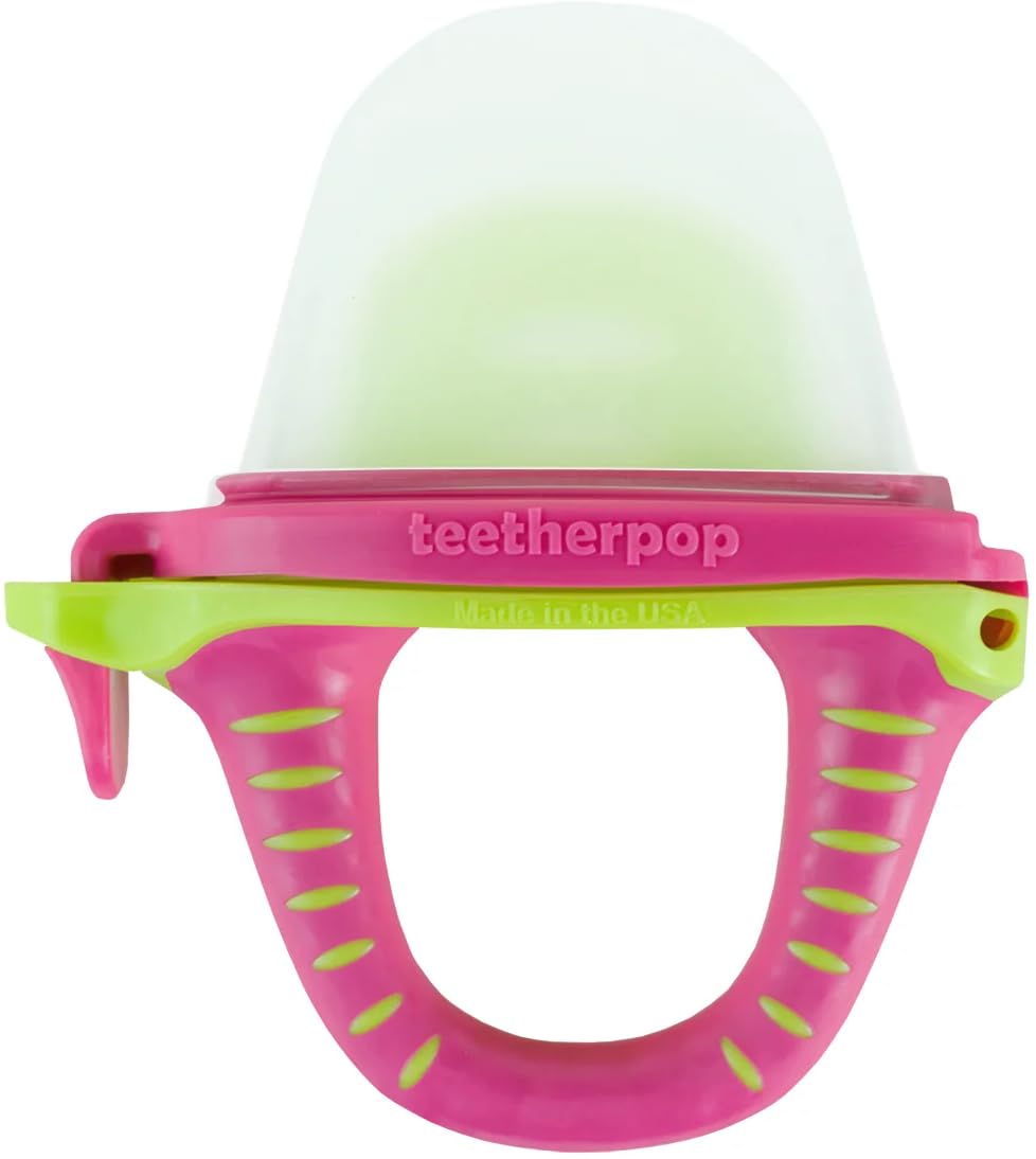 Teetherpop fillable silicone teether pink-limon with mess-free design for on-the-go teething.