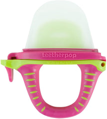 Teetherpop fillable silicone teether pink-limon with mess-free design for on-the-go teething.