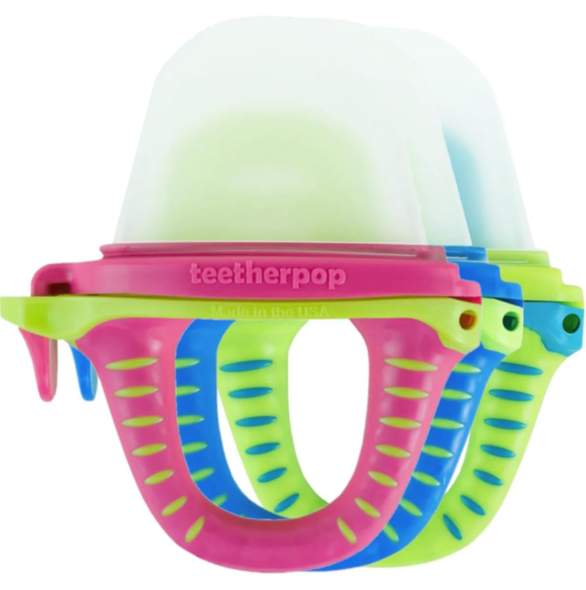 Teetherpop fillable teether blue cap closeup demonstrates mess-free on the go design