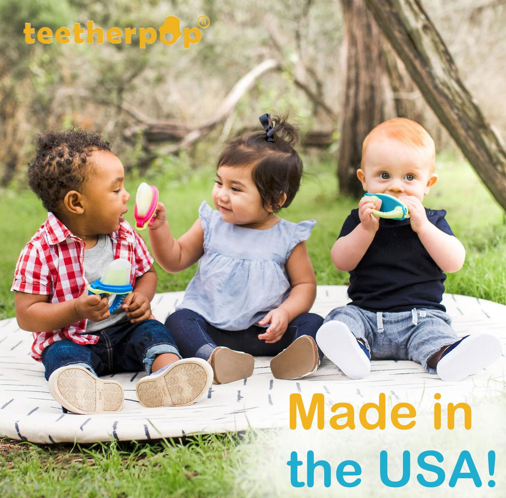Teetherpop freeze teether in freezer provides frozen relief that softens gums.