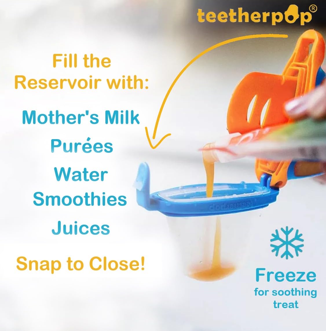 Teetherpop on-the-go teether blue-lime cap-and-bag demonstrates portable mess-free use.