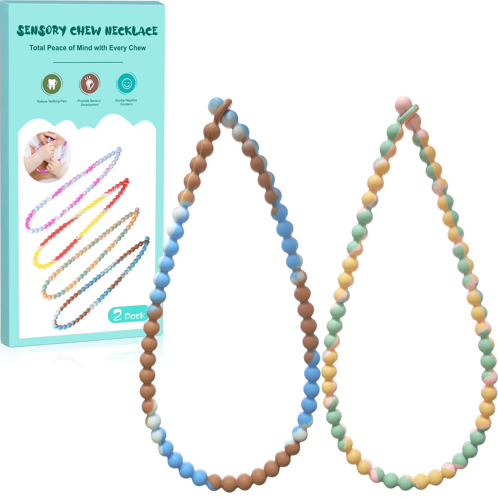 Teething Necklace with integrated safety design worn by mom for safe baby chewing.