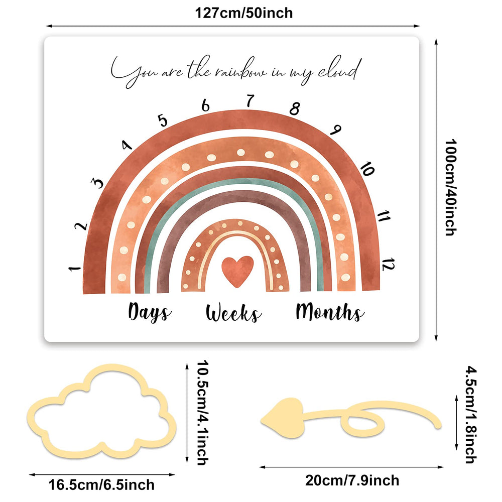 Tegeme Boho Rainbow Blanket with cloud marker for milestone tracking in photos.