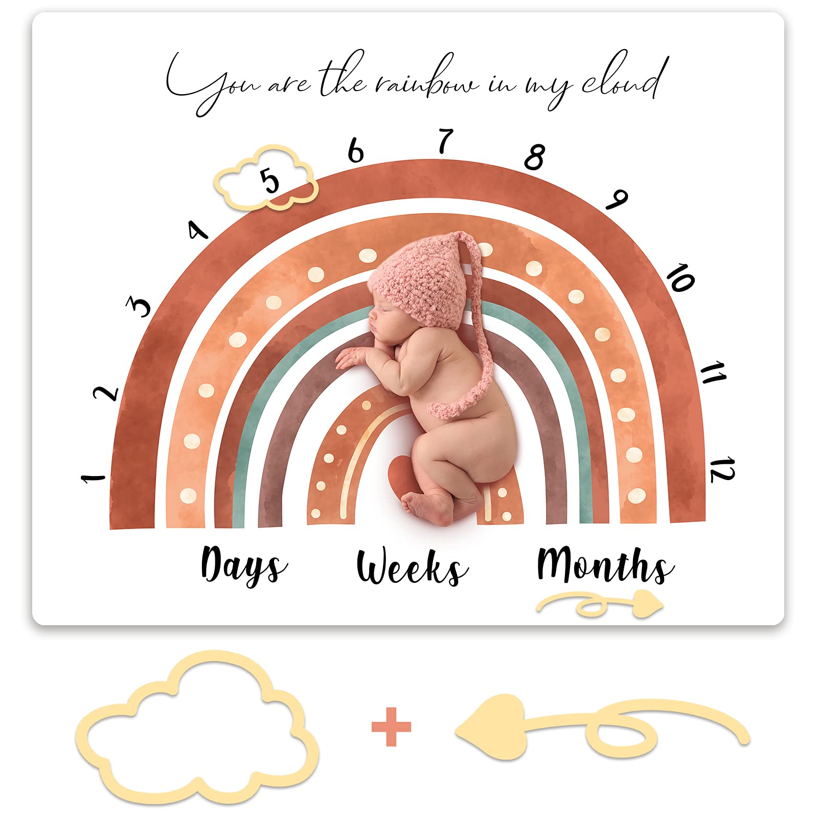 Tegeme Boho Rainbow Monthly Blanket laid flat for a cozy newborn photo backdrop.