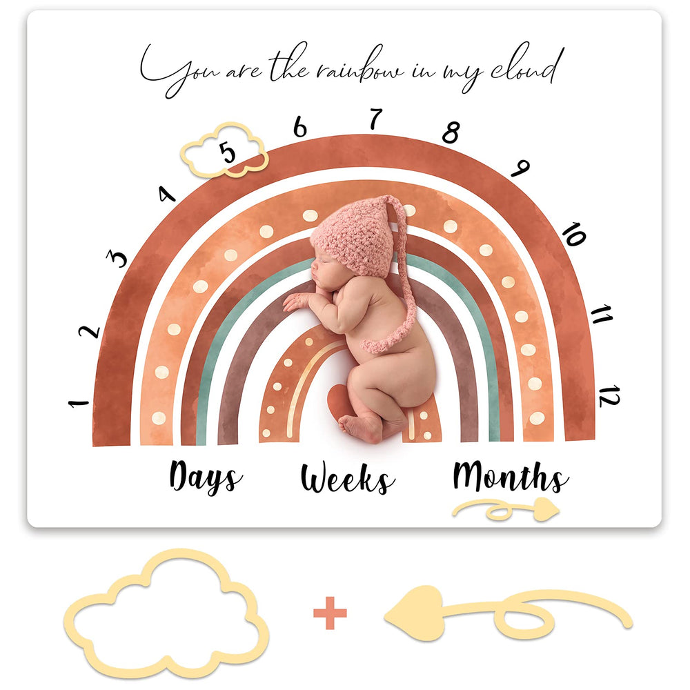 Tegeme Boho Rainbow Monthly Blanket laid flat for a cozy newborn photo backdrop.