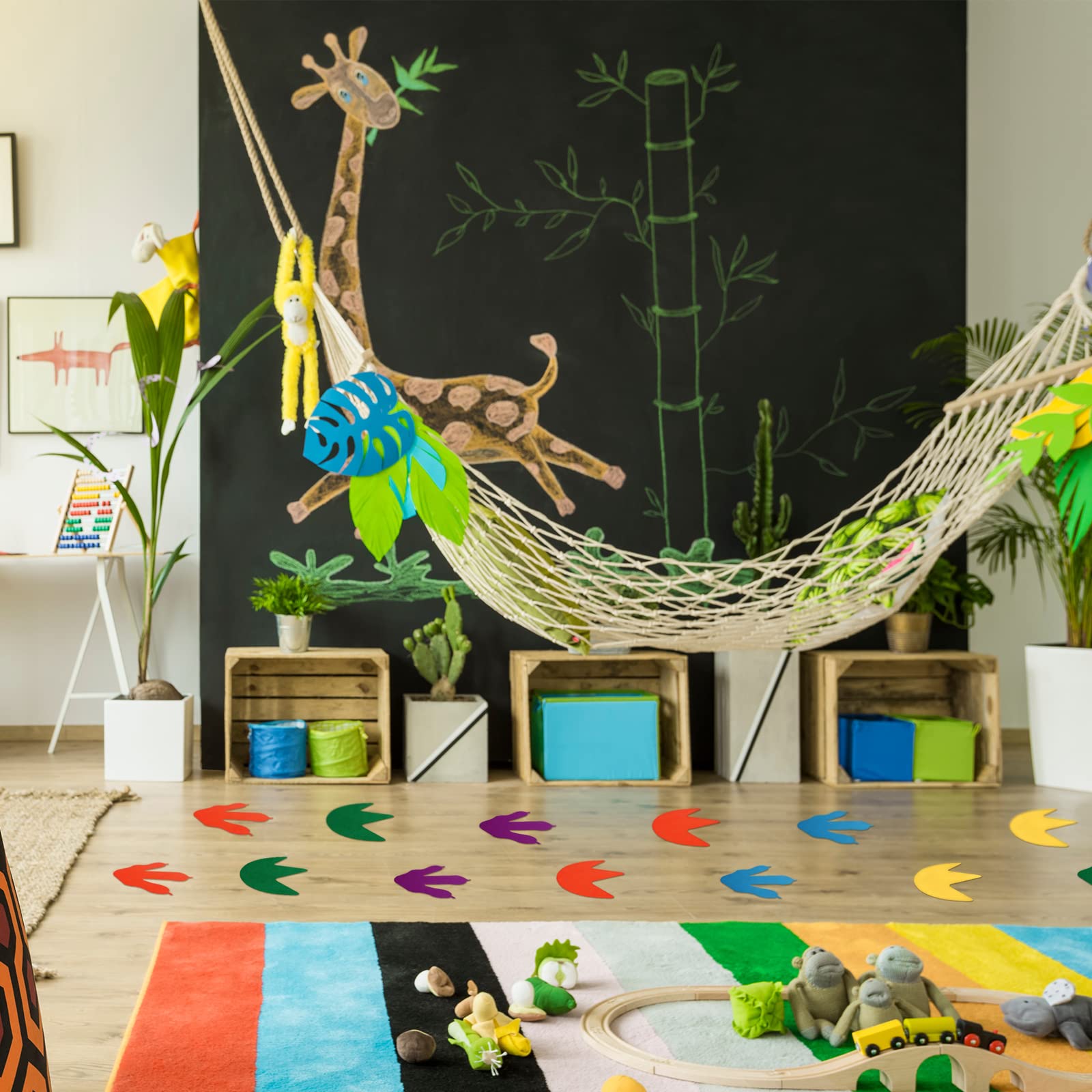 Tegeme dinosaur footprints playroom setup showing a colorful classroom decoration idea