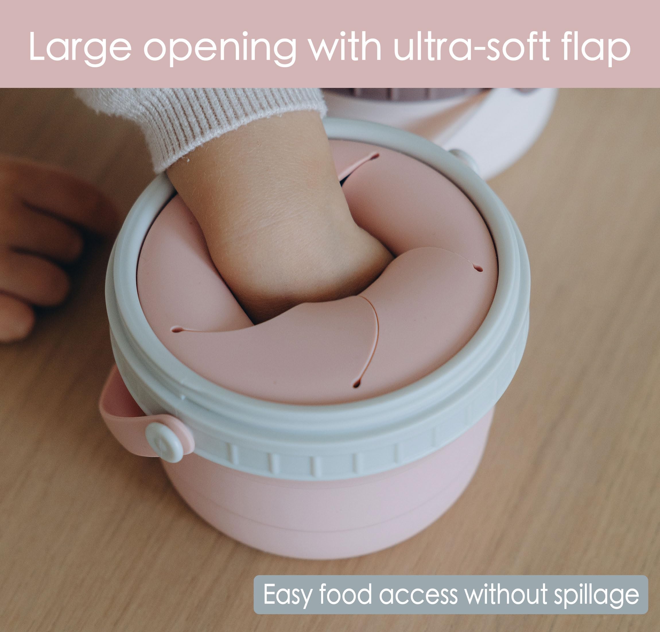 Tegion crumb-free travel cup in use during on-the-go snacking.
