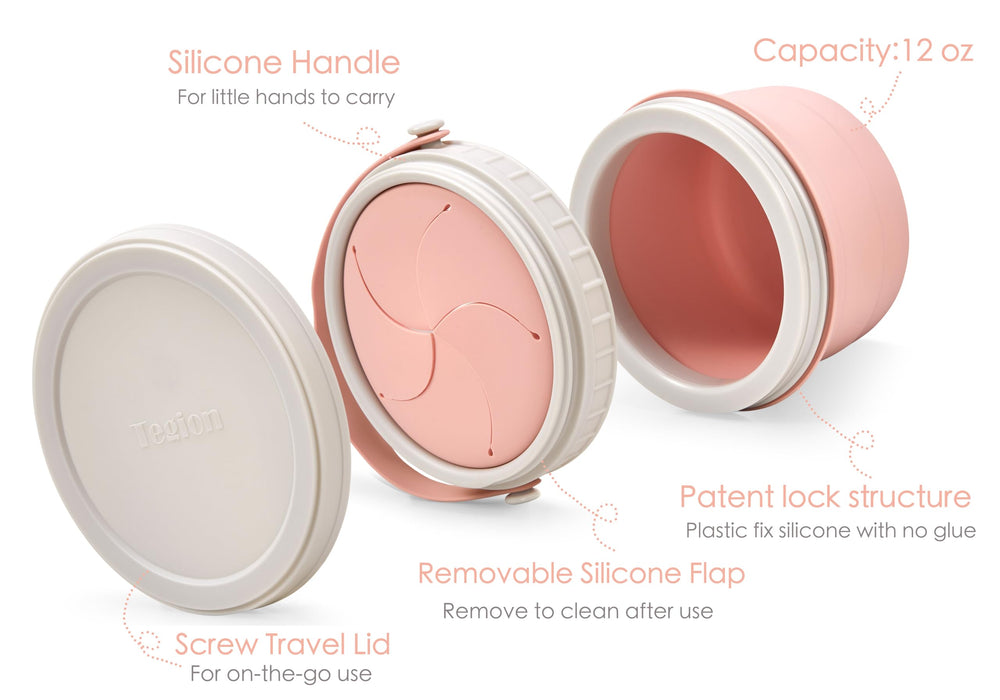 Tegion No Spill screw-on lid securing snacks during travel.