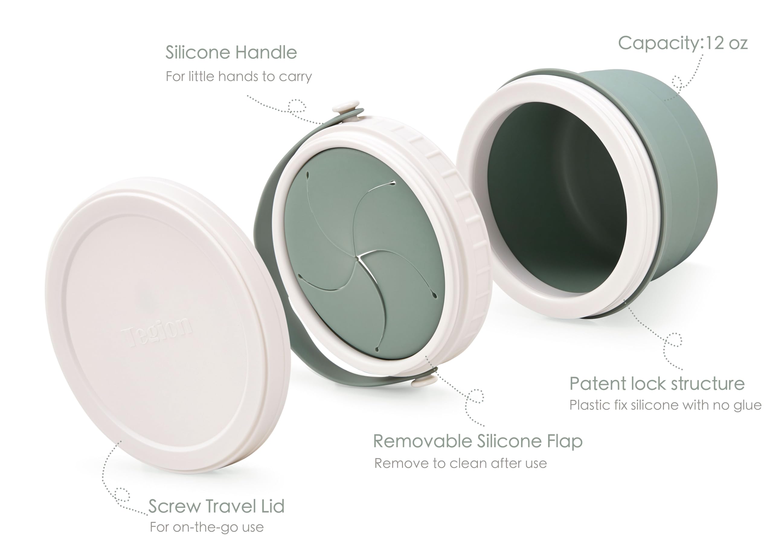 Tegion No Spill screw-on lid visible for secure crumb-free travel.