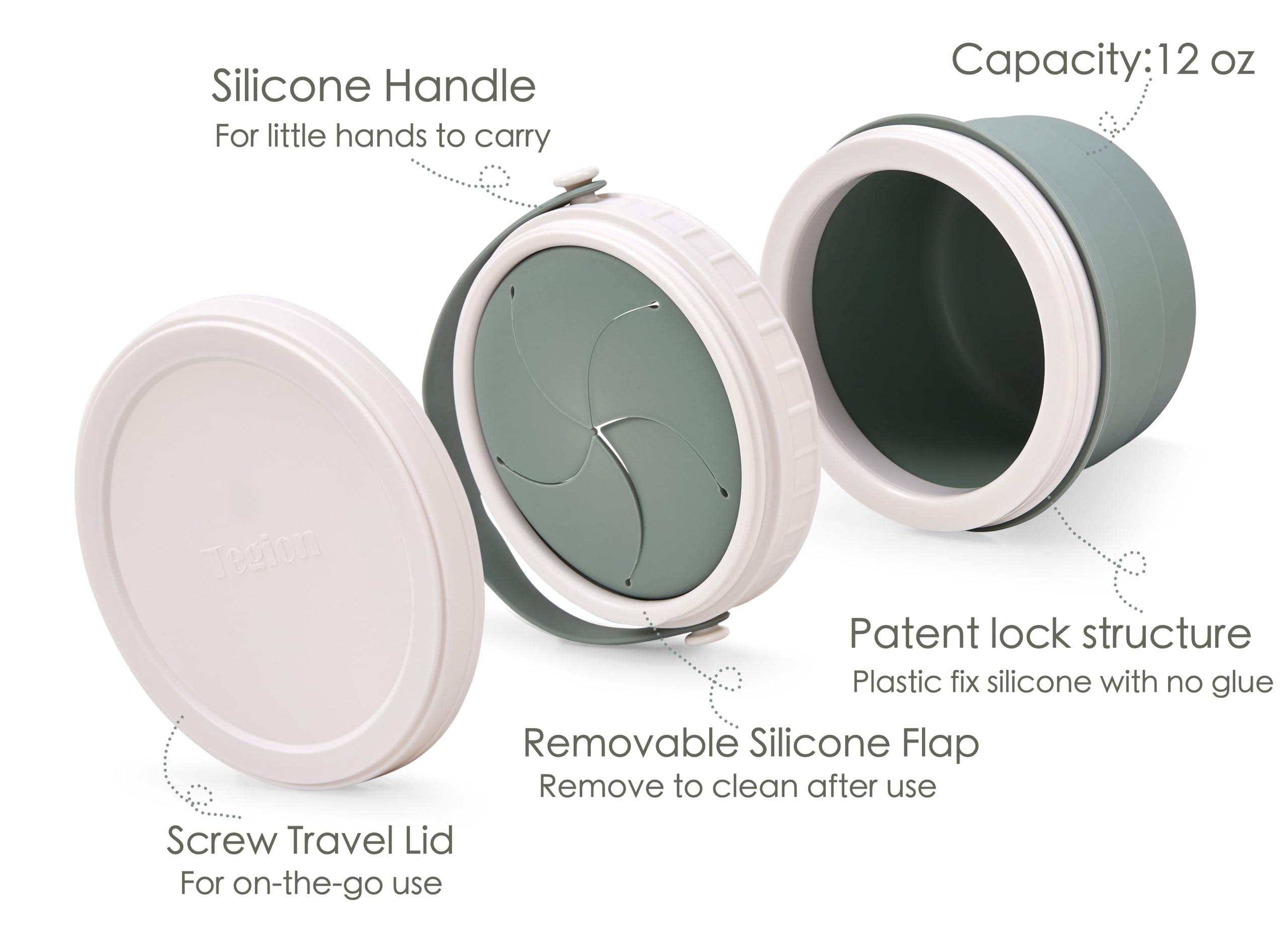 Tegion No Spill container detachable silicone flap enables easy filling and cleaning