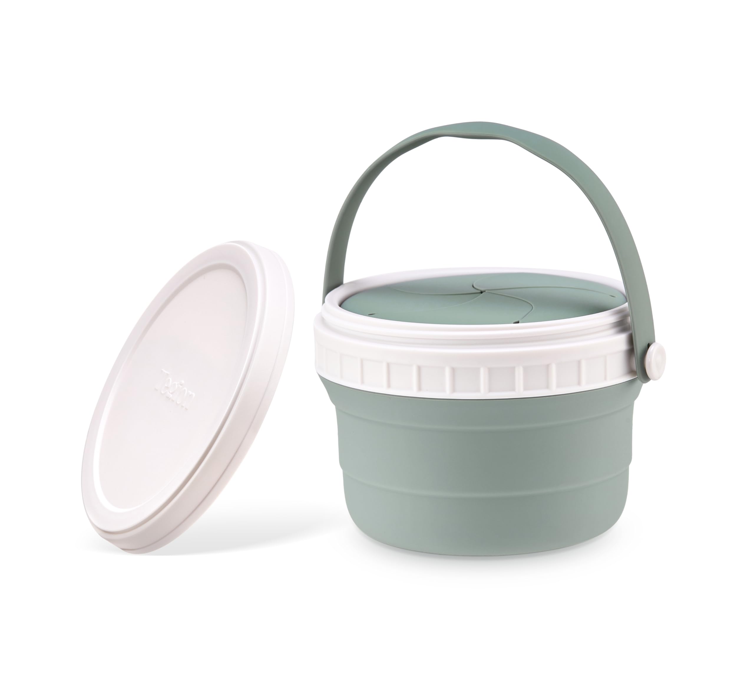 Tegion No Spill silicone toddler snack container front view demonstrates spill-proof design for mess-free snacking