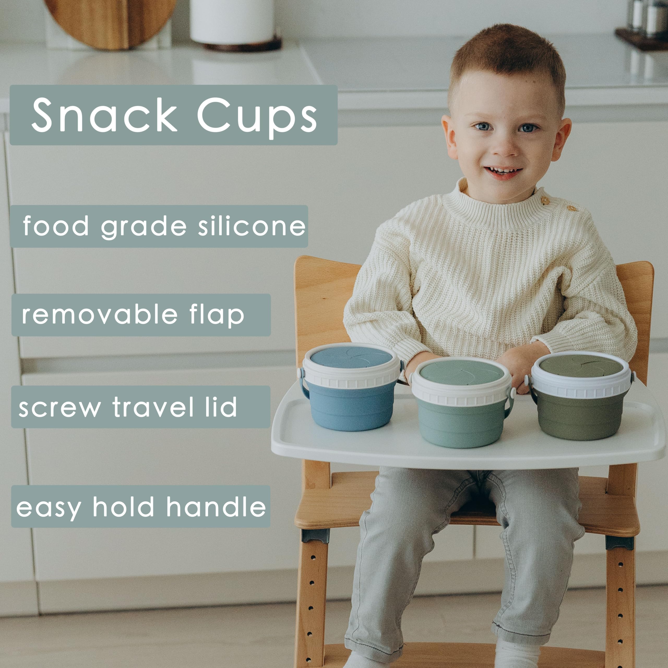 Tegion No Spill silicone toddler snack container side view highlighting easy-grip handle for small hands