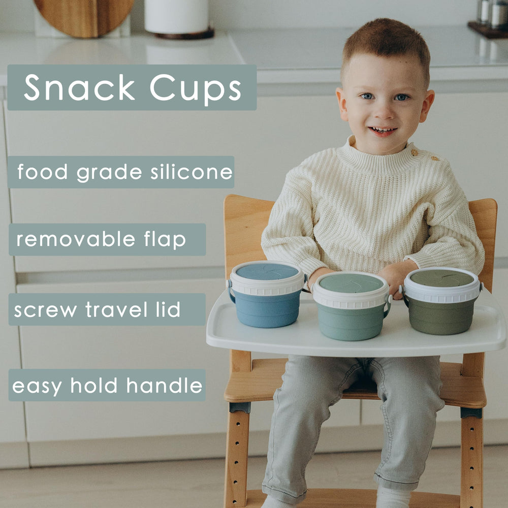Tegion No Spill silicone toddler snack container side view highlighting easy-grip handle for small hands
