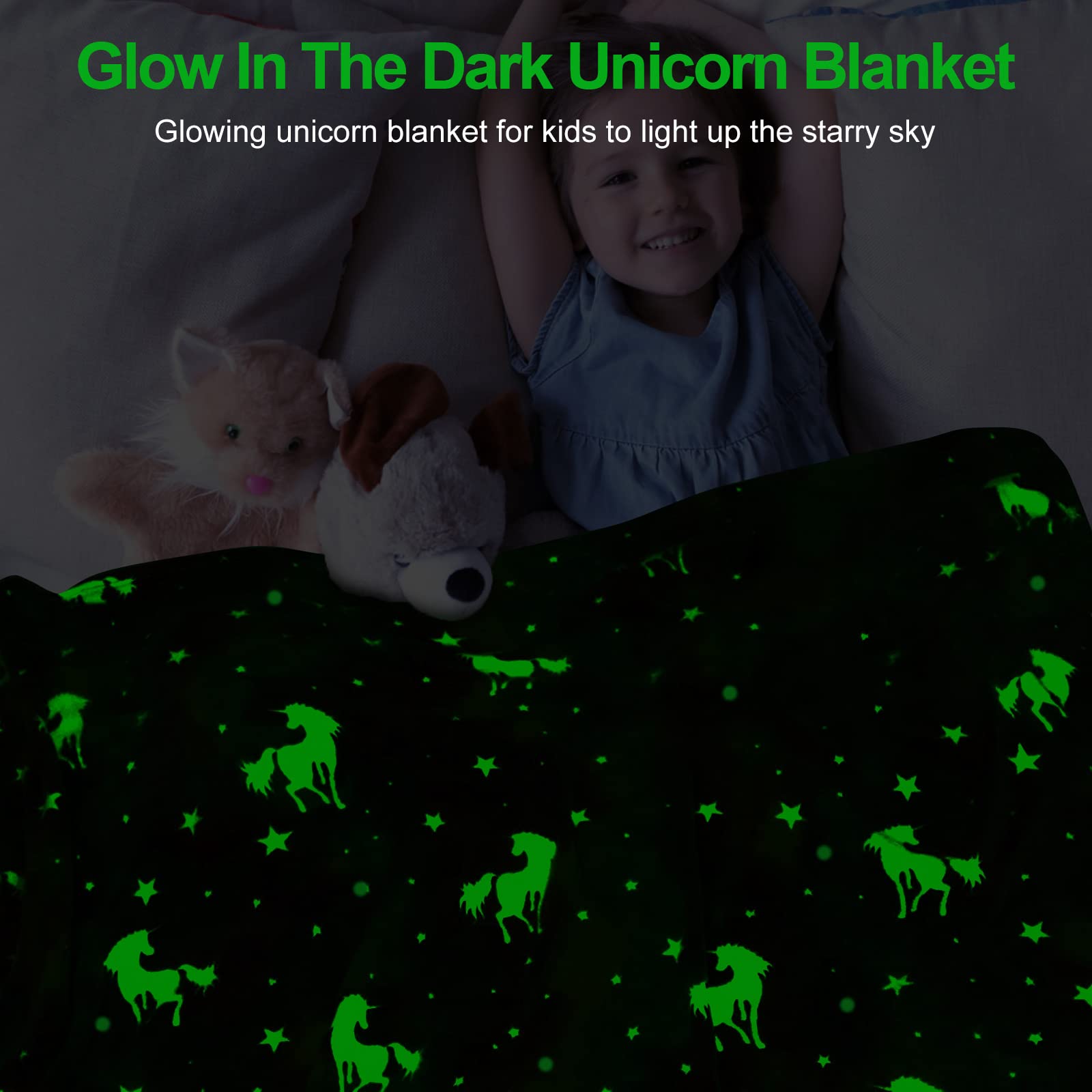 TEHALK unicorn blanket glow-in-the-dark display adds magical nighttime ambiance.