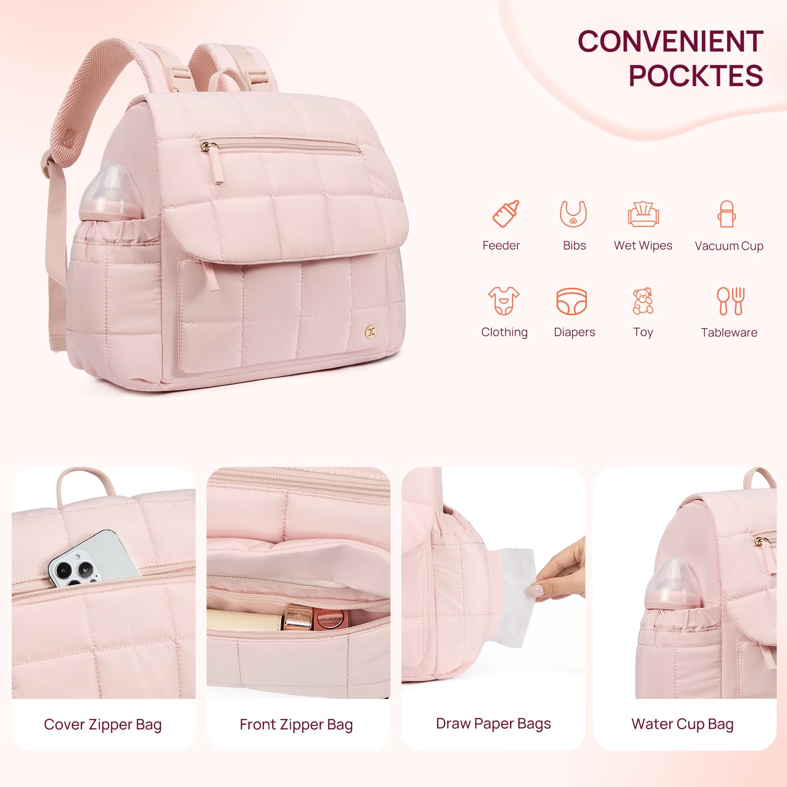 Telena diaper bag front pockets provide easy access to essentials
