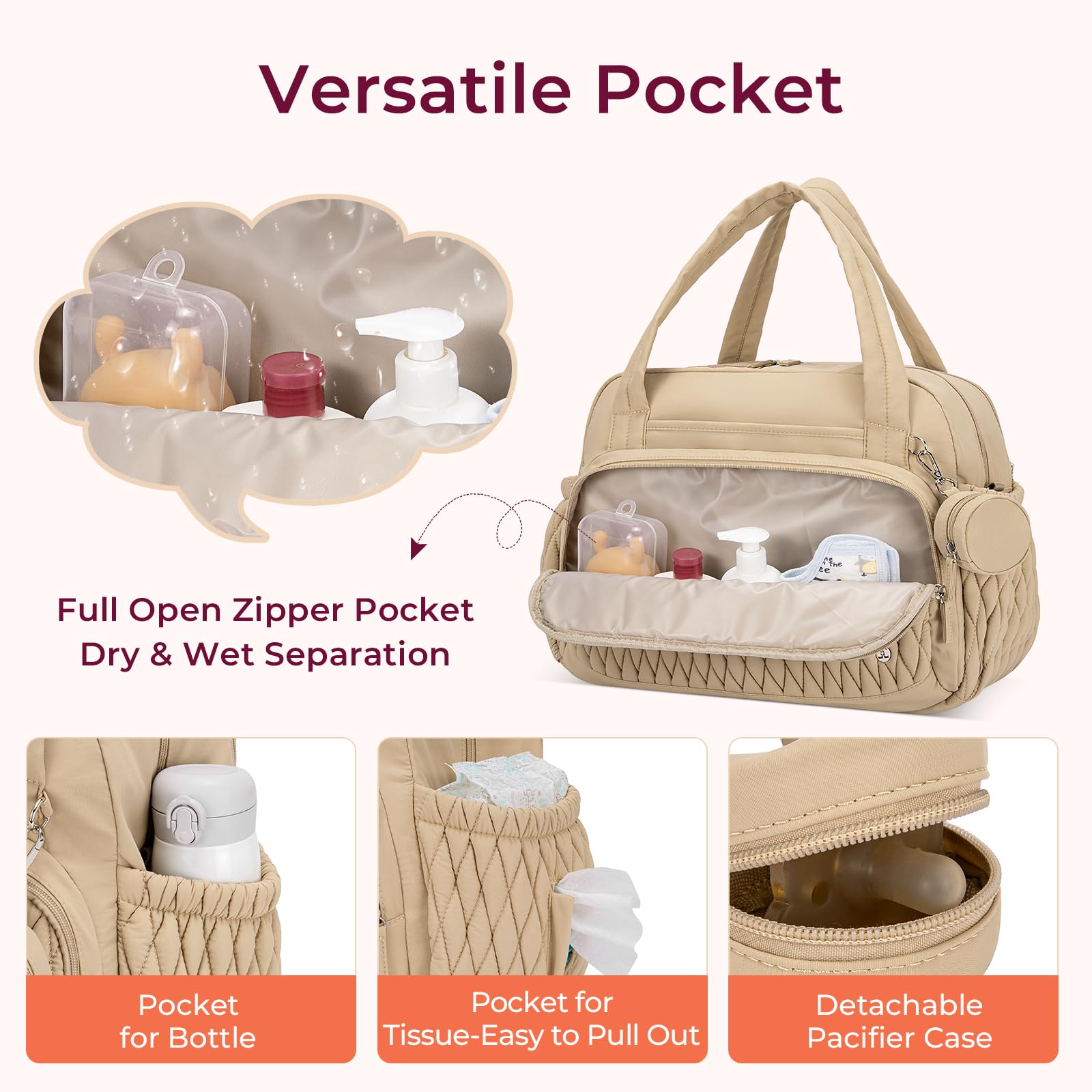 Telena tote diaper bag insulated pockets help keep bottles warm.