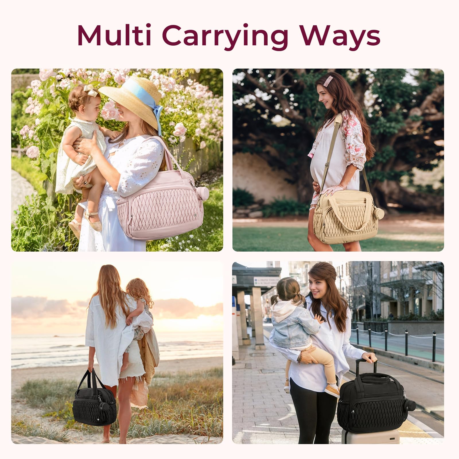 Telena tote diaper bag shows a quilted design for stylish functionality.