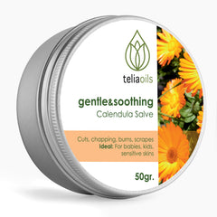 Teliaoils Calendula Salve balm packaging highlights easy, quick care.