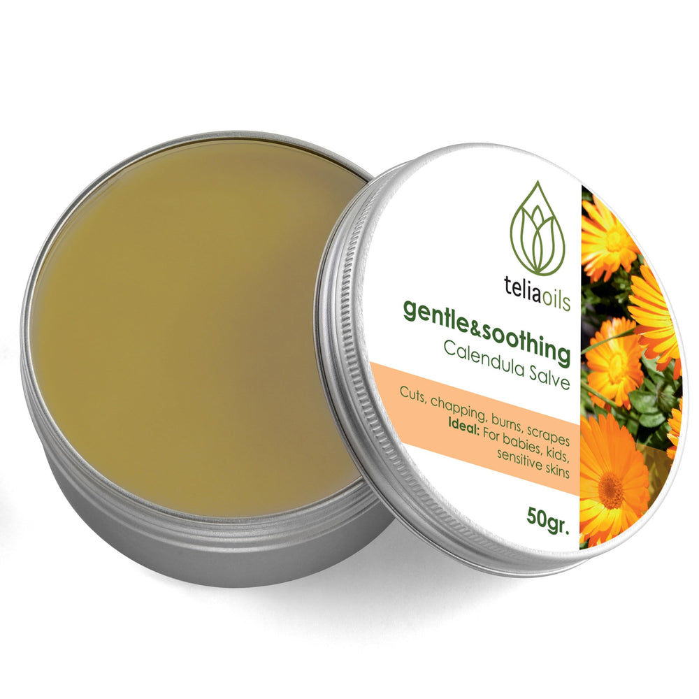 Teliaoils Calendula Salve face application offers soothing care for delicate skin.