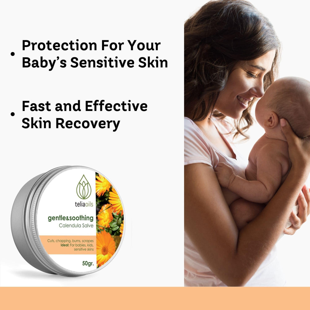 Teliaoils Calendula Salve swirl texture underscores natural ingredient purity.