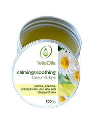 Teliaoils Chamomile Salve jar with creamy balm for dry skin relief and gentle baby use.