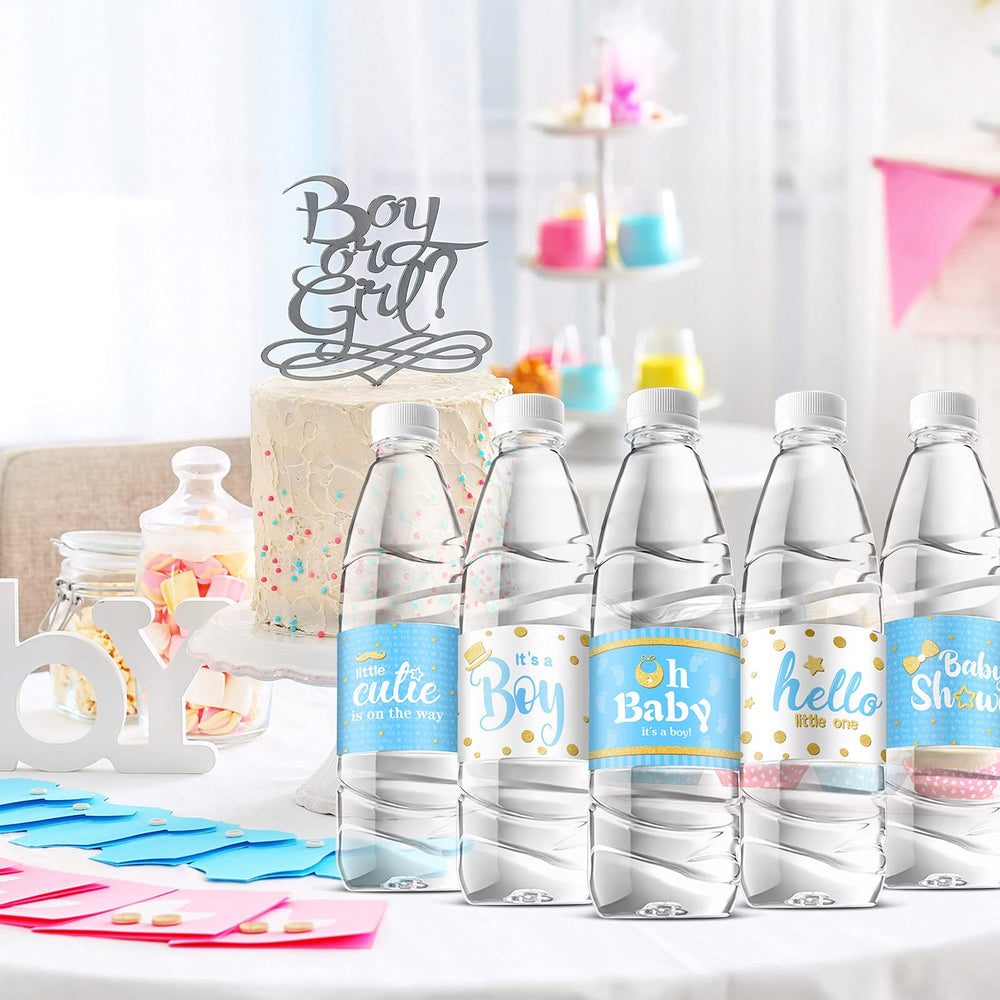 Teling baby shower decor ideas with stylish labels for drinks.