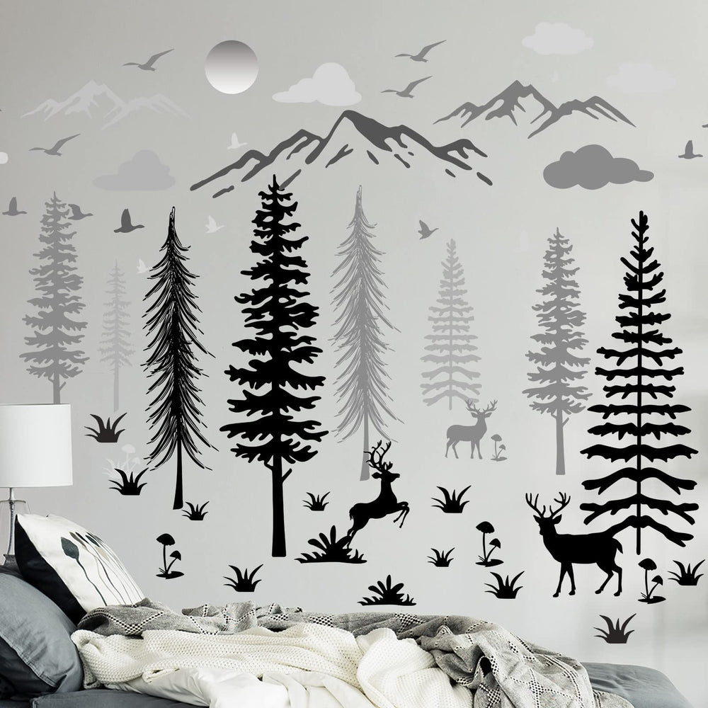 Teling deer-mountain wall decal highlights woodland scene for playful kids’ room.
