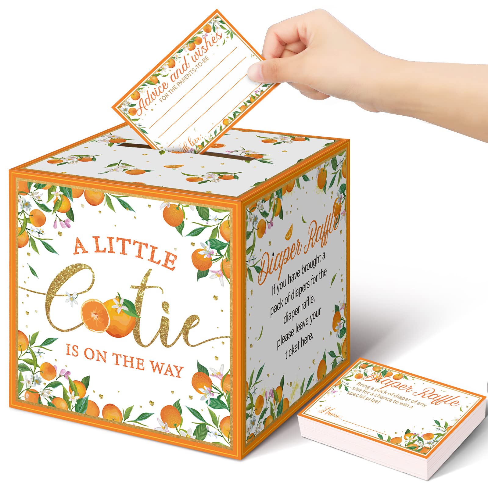 Teling Little Cutie raffle tickets packaging with orange accents for festive baby shower planning.
