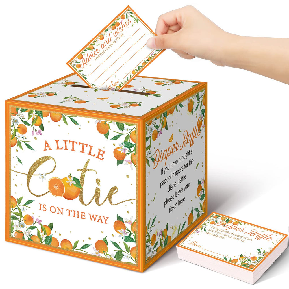 Teling Little Cutie raffle tickets packaging with orange accents for festive baby shower planning.
